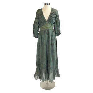 Free People Golden Hour Green Pink Plaid Tiered Ruffle Maxi Dress Large NWOT